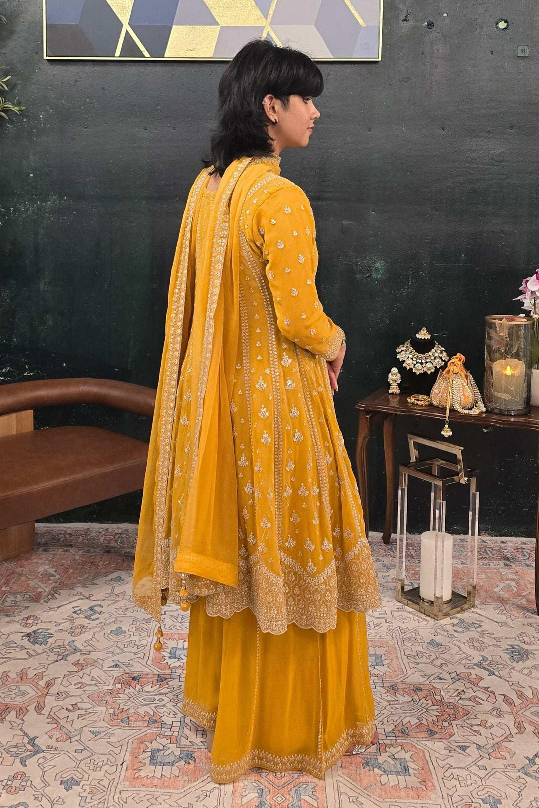 Yellow georgette crystal work Salwar Kameez (Outside Ontario) - myethnicrentals