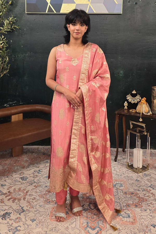 Soft Pink Chanderi Silk Salwar Kameez (Outside Ontario) - myethnicrentals