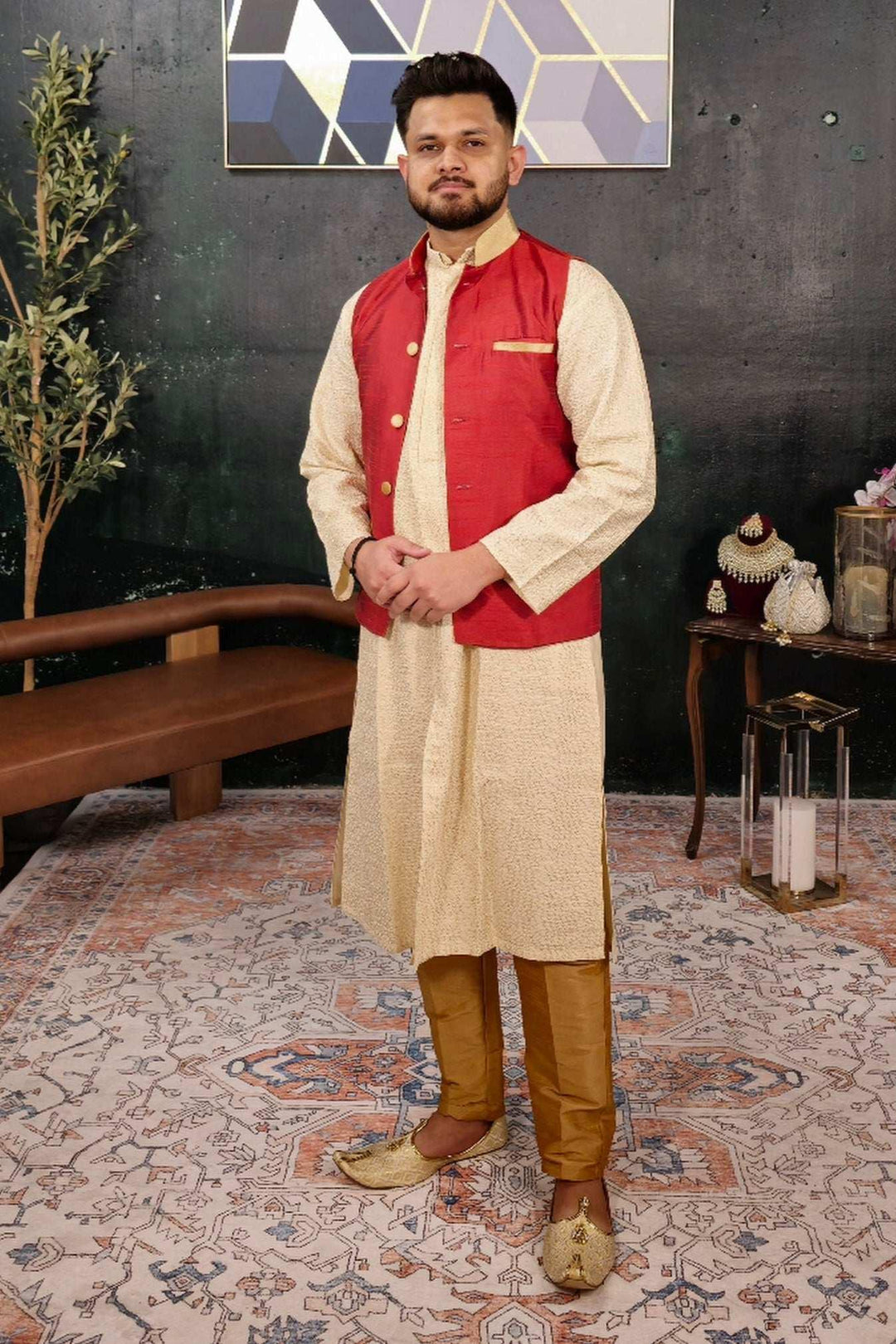 Cream Kurta Pajama with Red Jacket (Outside Ontario) - myethnicrentals