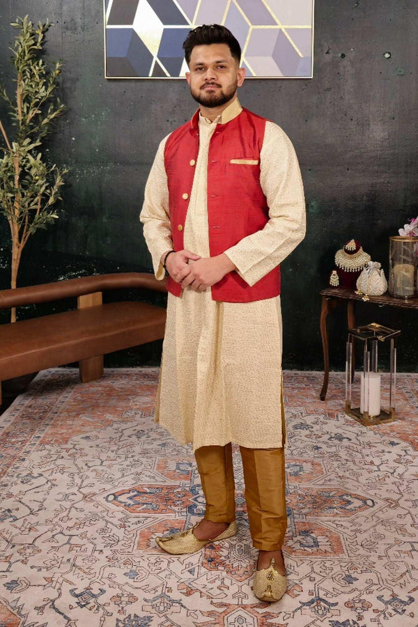 Cream Kurta Pajama with Red Jacket (Outside Ontario) - myethnicrentals