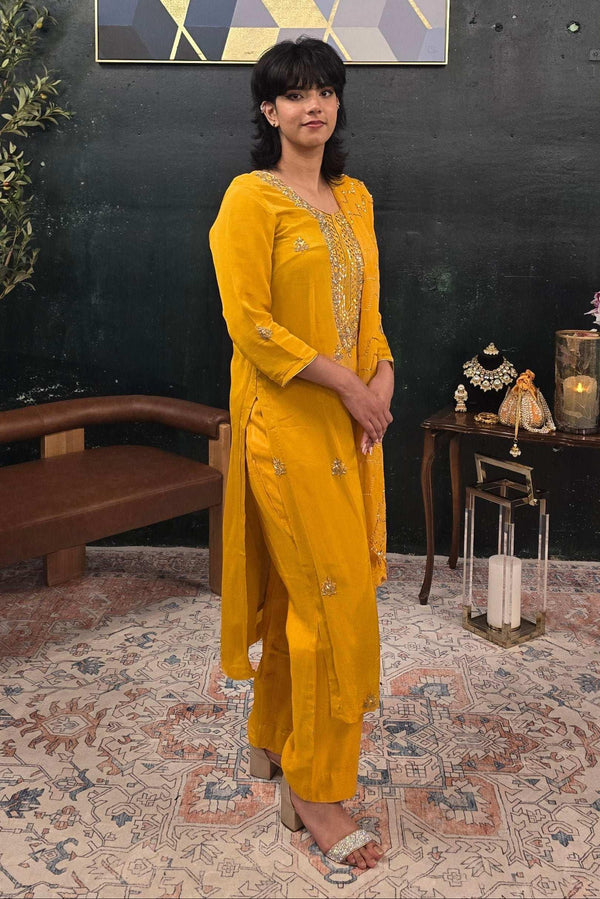 Yellow georgette silver embroidery Salwar Kameez (Outside Ontario) - myethnicrentals