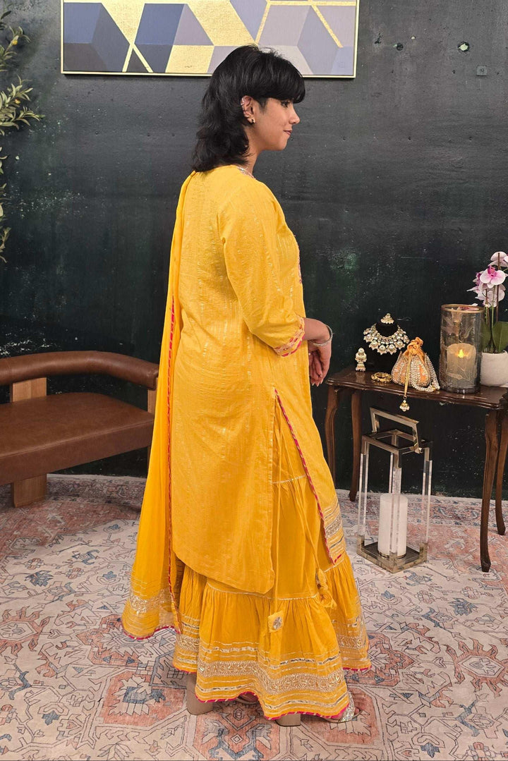 Yellow linen pink embroidery Salwar Kameez (Outside Ontario) - myethnicrentals