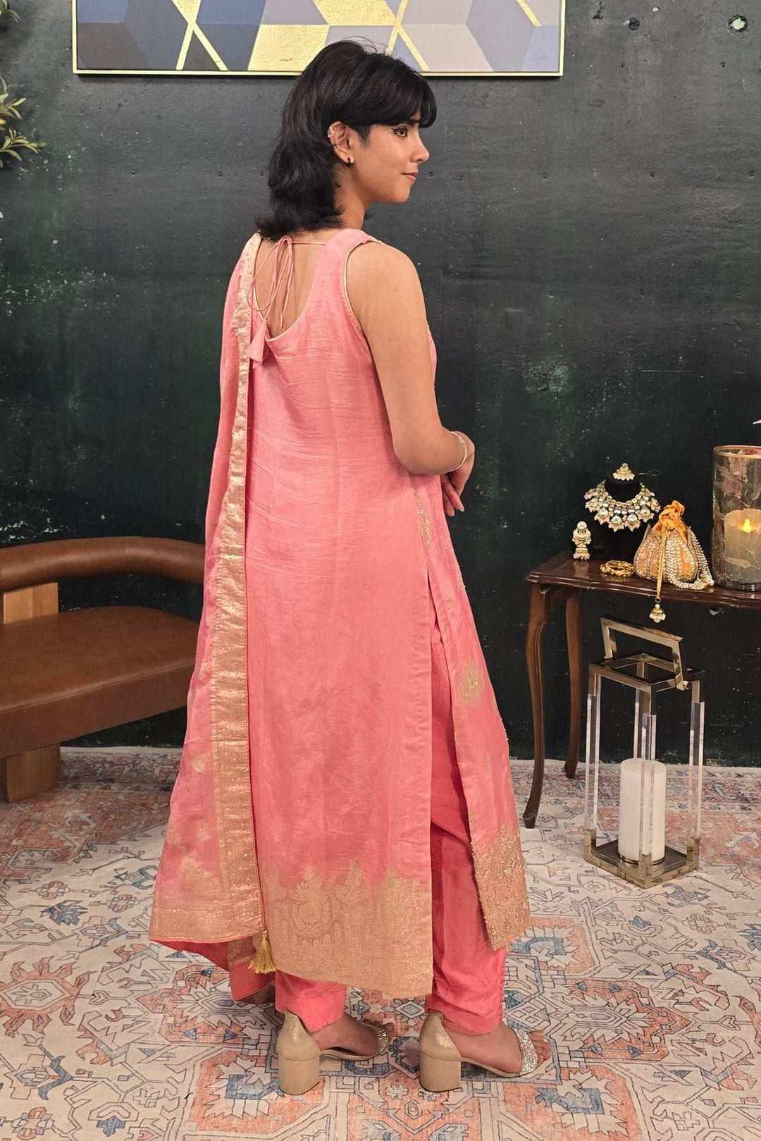 Soft Pink Chanderi Silk Salwar Kameez (Outside Ontario) - myethnicrentals