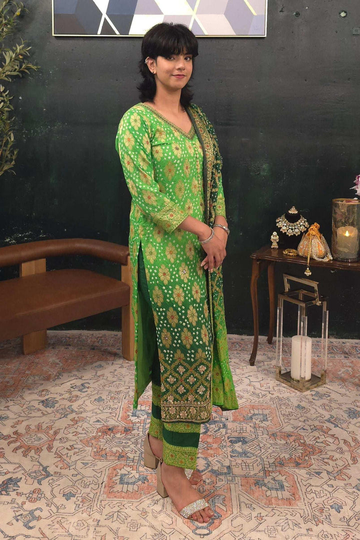 Bandhni - Mint Green - Dark green embroidered Salwar Kameez (Outside Ontario) - myethnicrentals