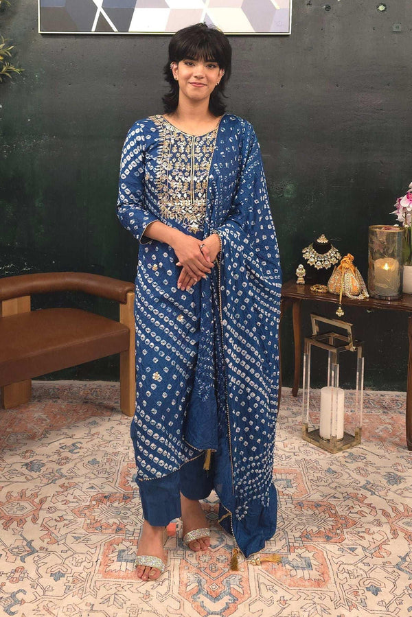 Blue Bandhej embroidered Salwar Kameez (Outside Ontario) - myethnicrentals