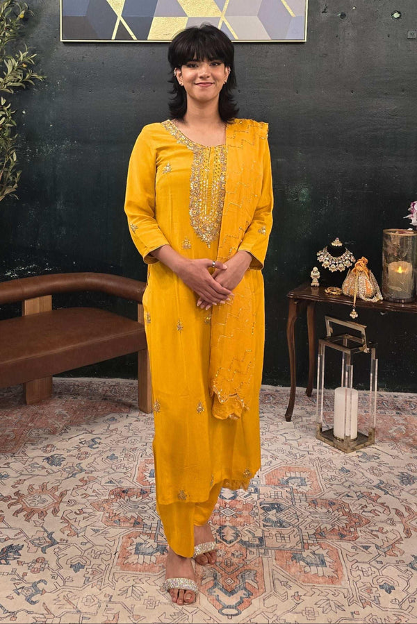 Yellow georgette silver embroidery Salwar Kameez (Outside Ontario) - myethnicrentals