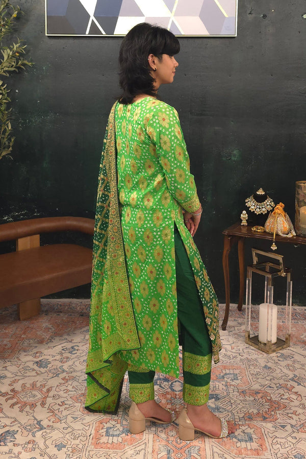 Bandhni - Mint Green - Dark green embroidered Salwar Kameez