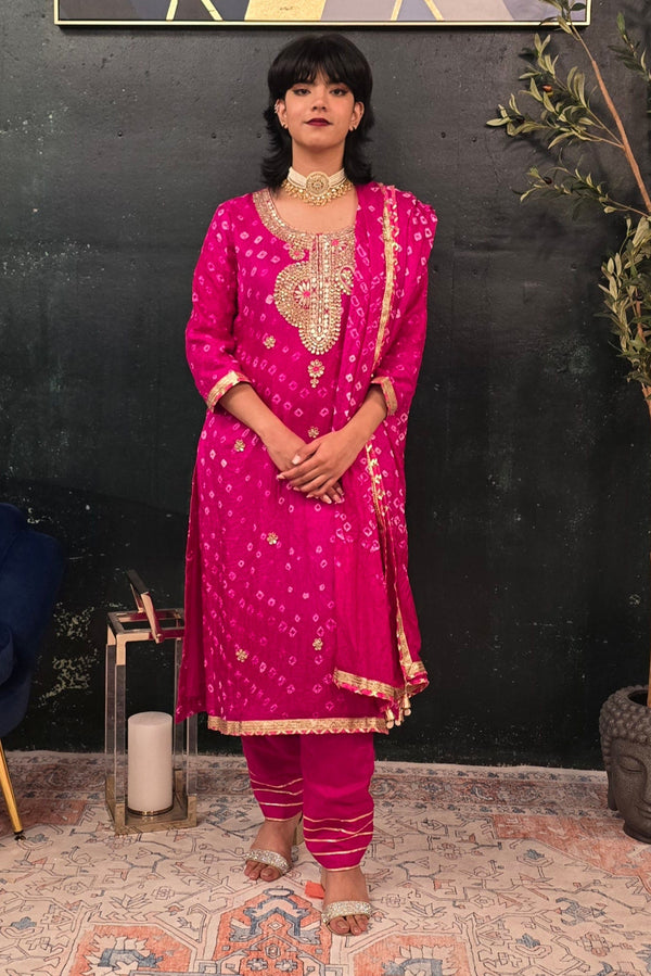 Fuschia Pink Bandhni Gotta Patti Salwar Kameez