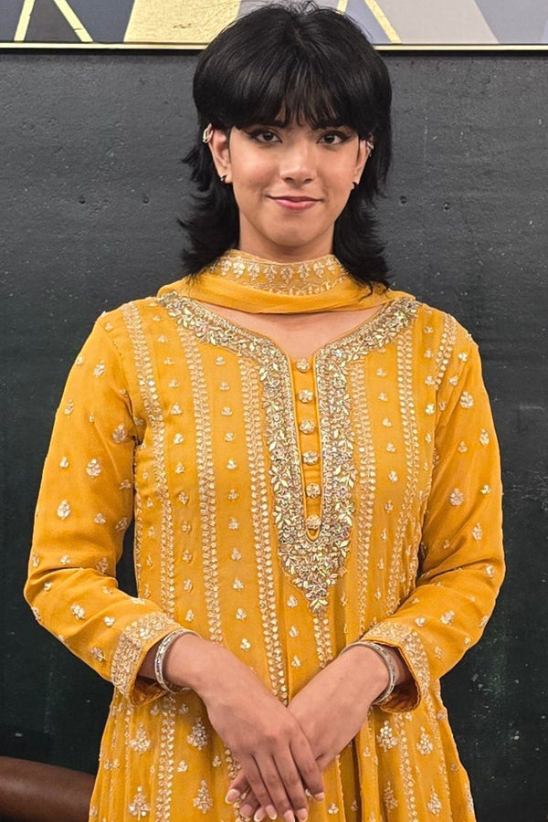Yellow georgette crystal work Salwar Kameez