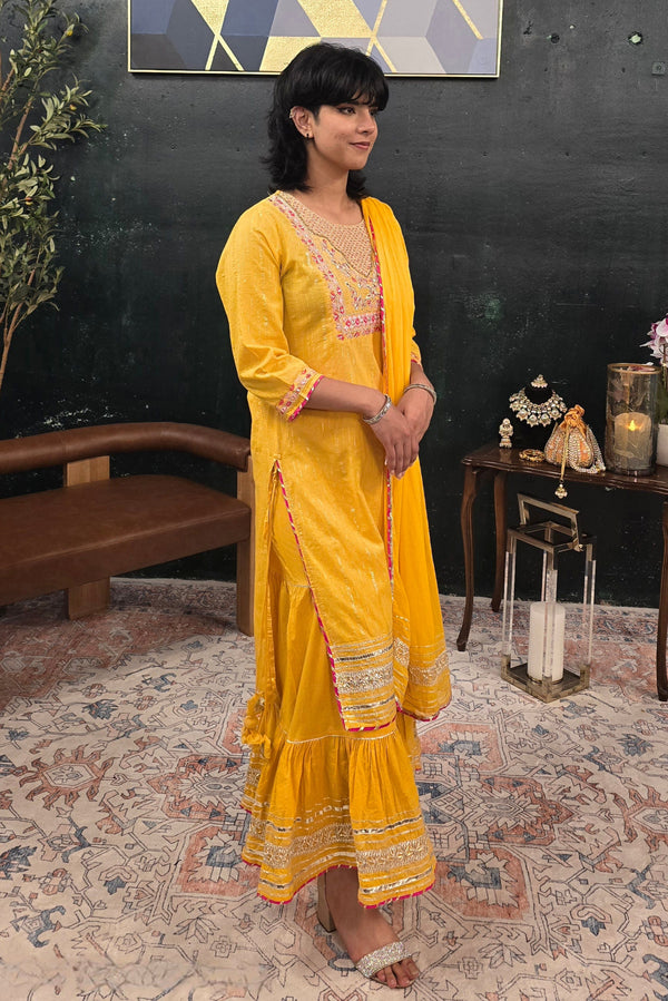 Yellow linen pink embroidery Salwar Kameez (Outside Ontario)