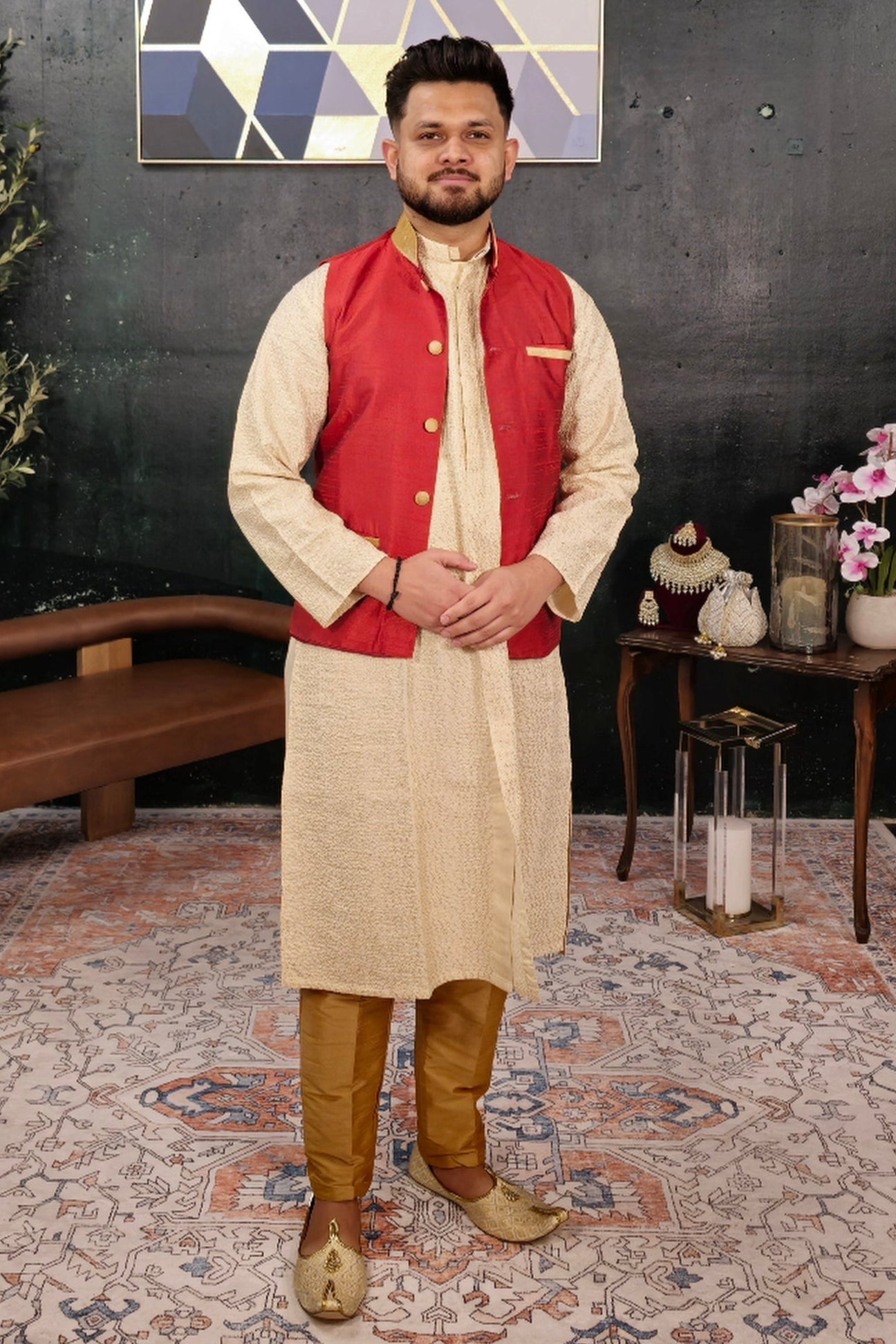 Cream Kurta Pajama with Red Jacket