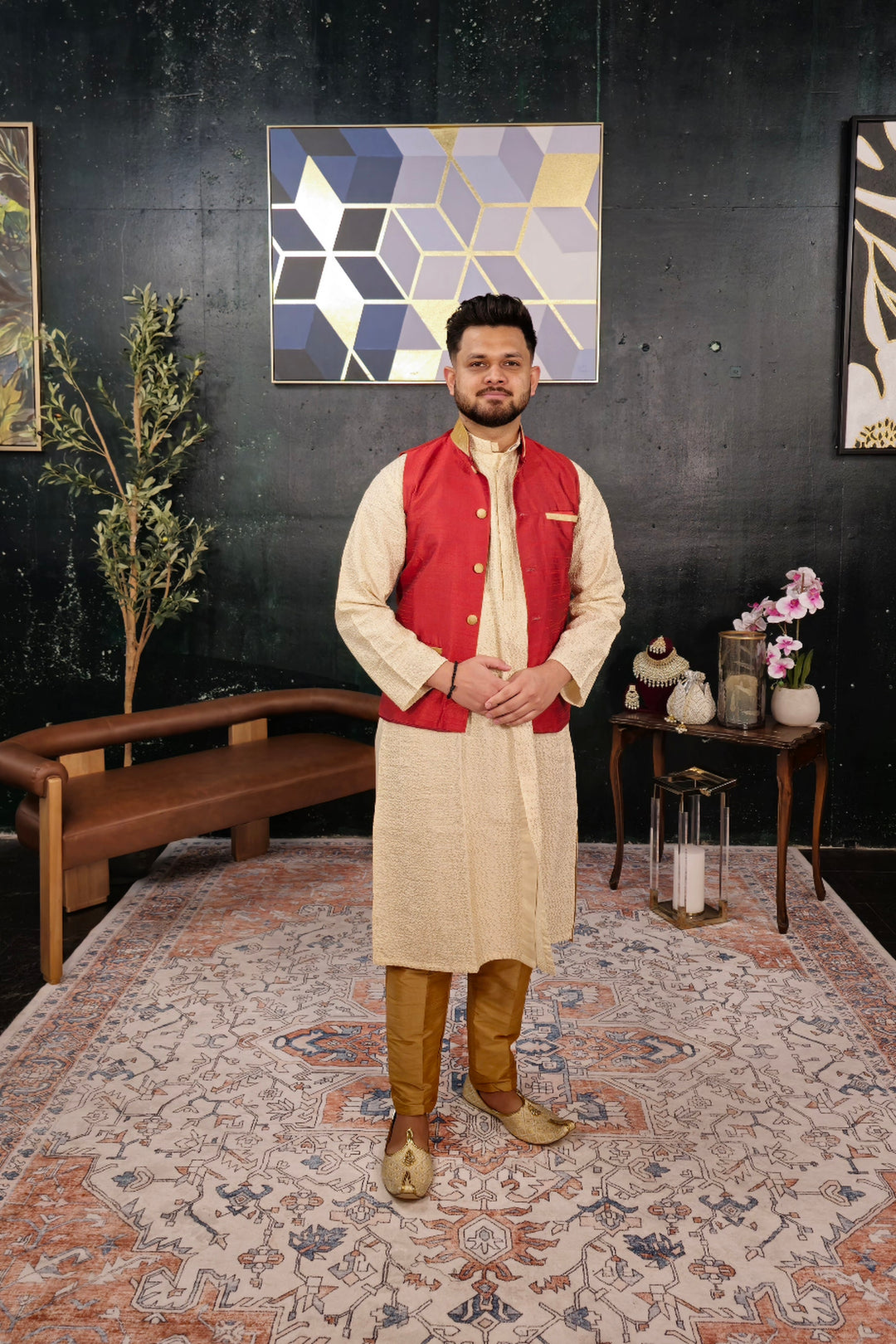 Cream Kurta Pajama with Red Jacket