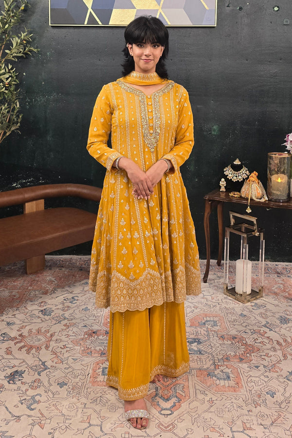 Yellow georgette crystal work Salwar Kameez