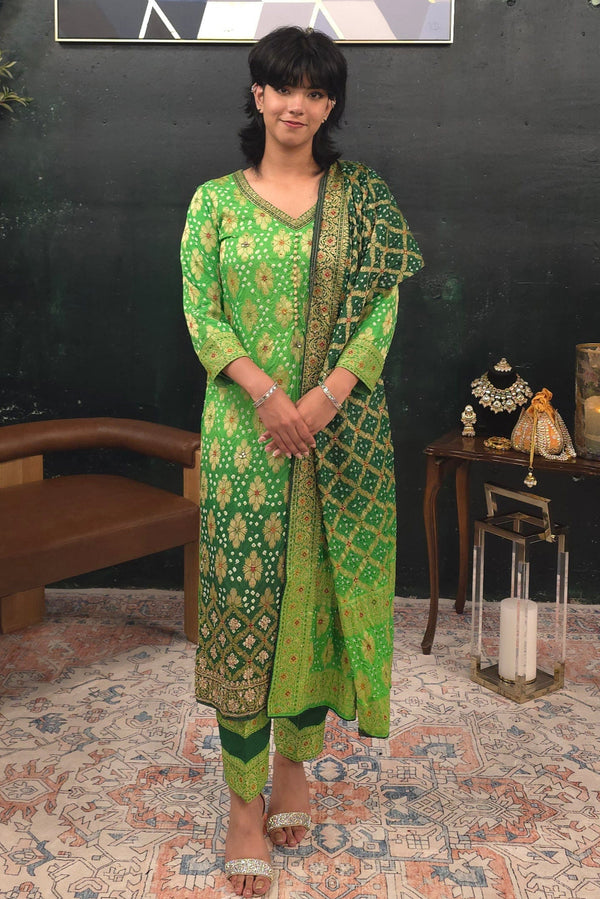 Bandhni - Mint Green - Dark green embroidered Salwar Kameez