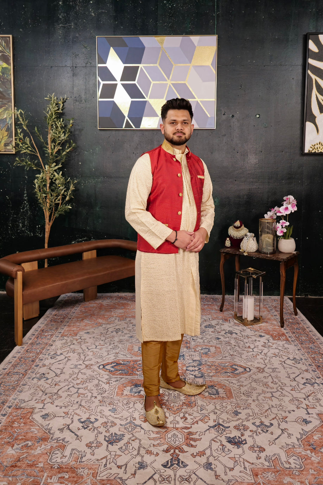 Cream Kurta Pajama with Red Jacket