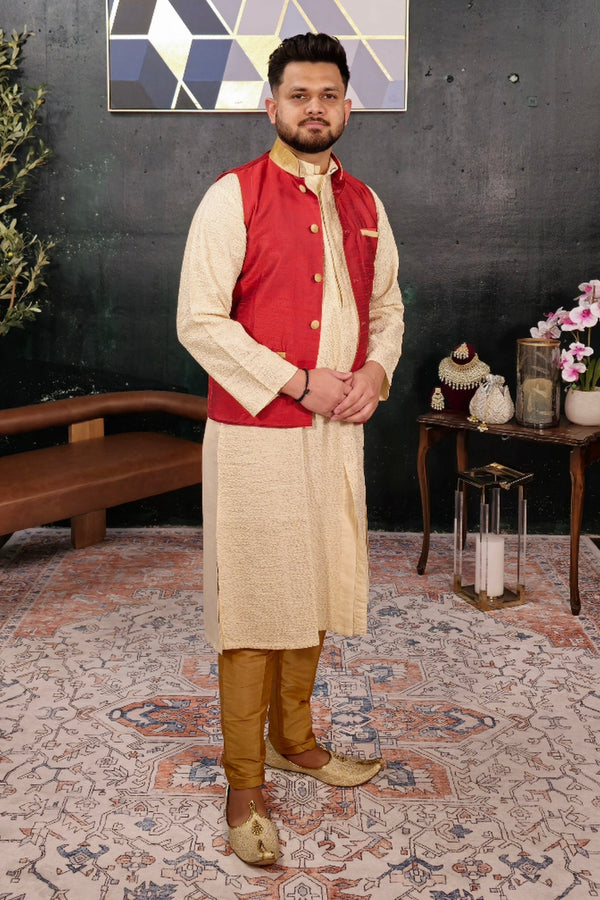 Cream Kurta Pajama with Red Jacket