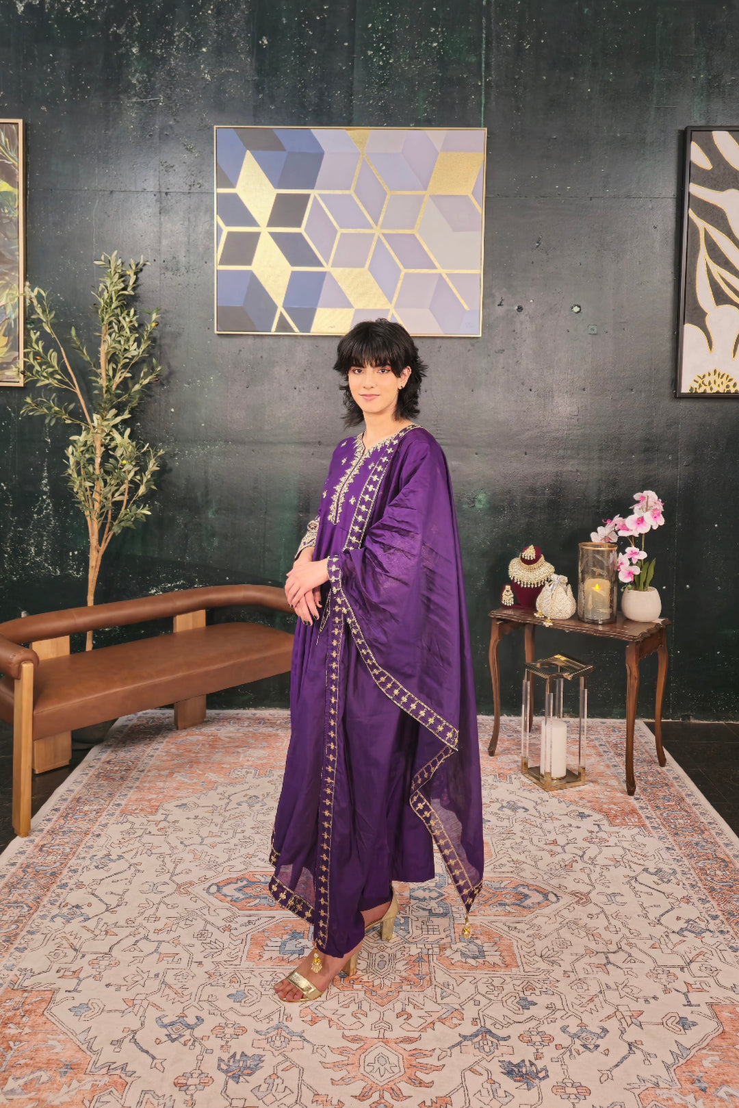 Purple Linen A-line Salwar Kameez