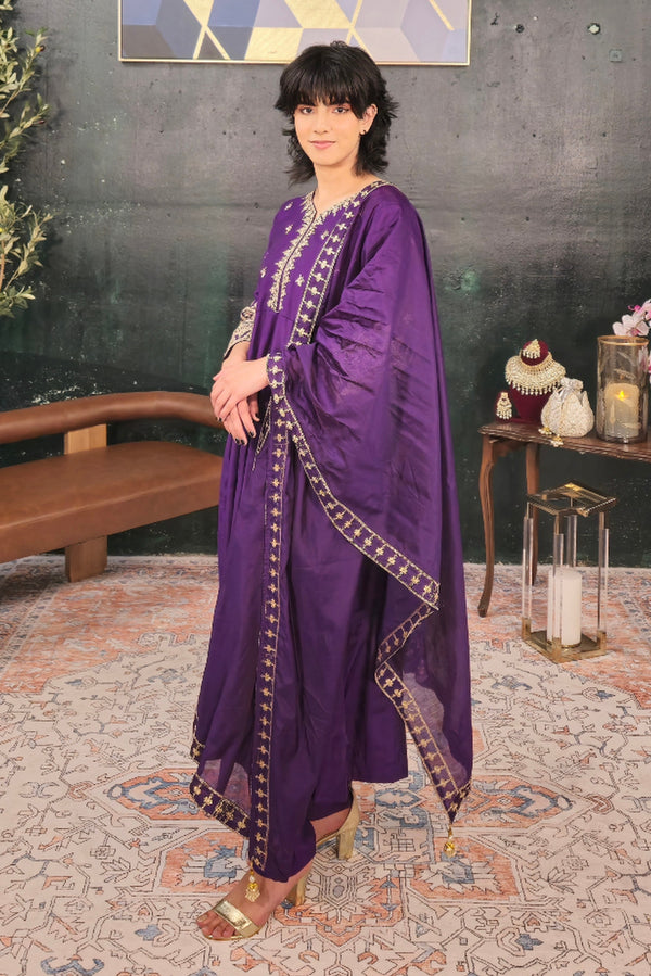 Purple Linen A-line Salwar Kameez