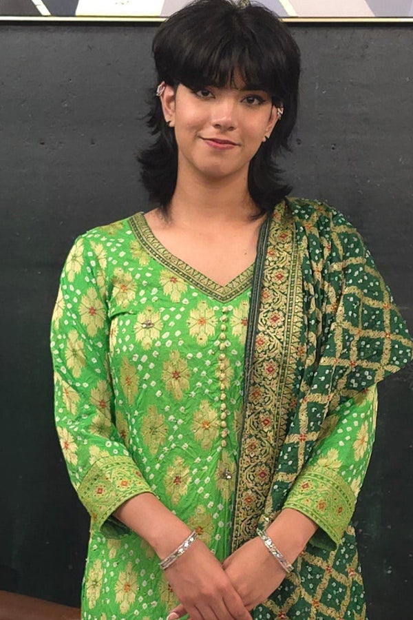 Bandhni - Mint Green - Dark green embroidered Salwar Kameez