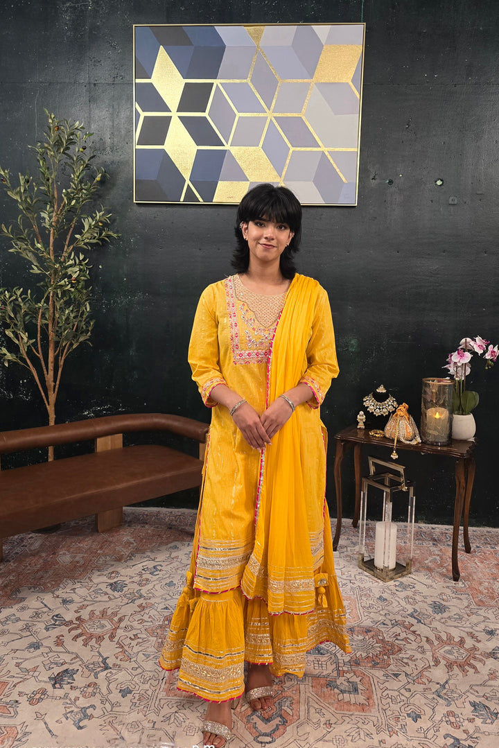 Yellow linen pink embroidery Salwar Kameez