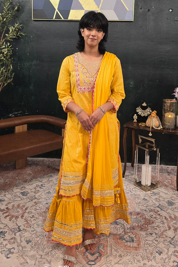Yellow linen pink embroidery Salwar Kameez (Outside Ontario)