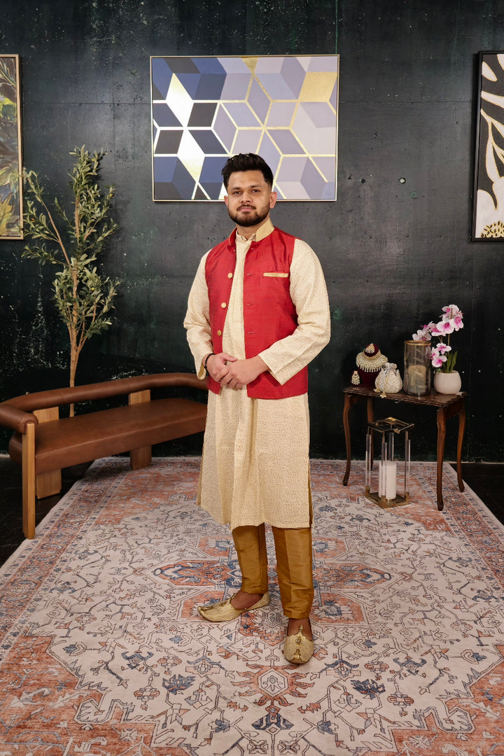 Cream Kurta Pajama with Red Jacket