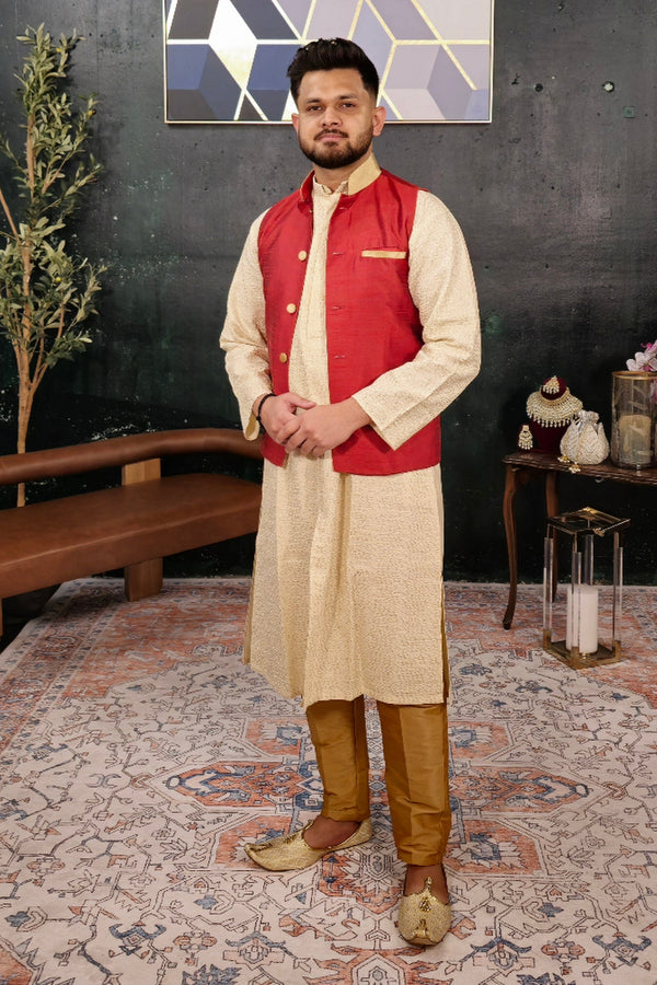 Cream Kurta Pajama with Red Jacket