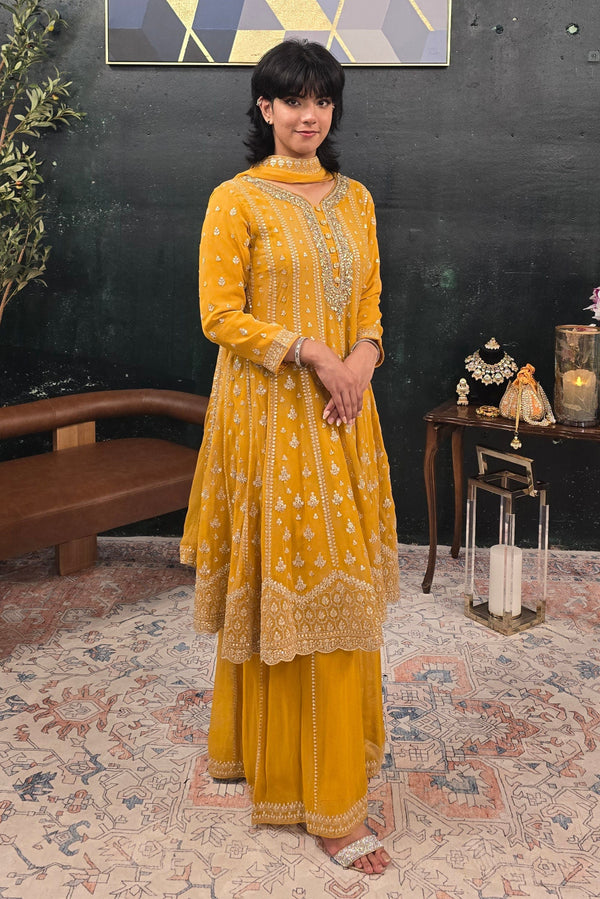 Yellow georgette crystal work Salwar Kameez