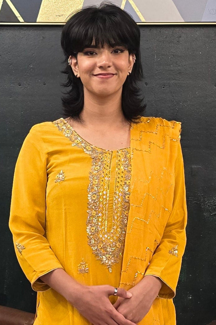 Yellow georgette silver embroidery Salwar Kameez