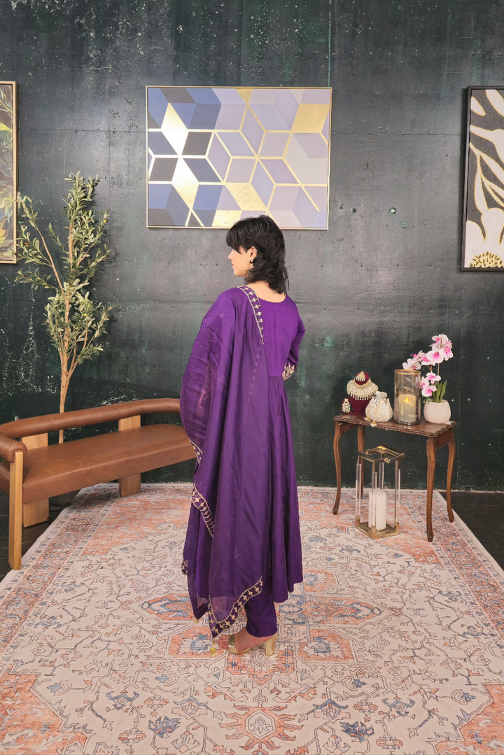 Purple Linen A-line Salwar Kameez