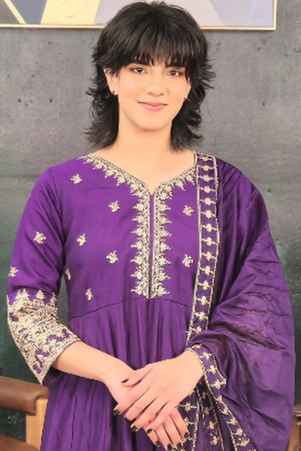 Purple Linen A-line Salwar Kameez