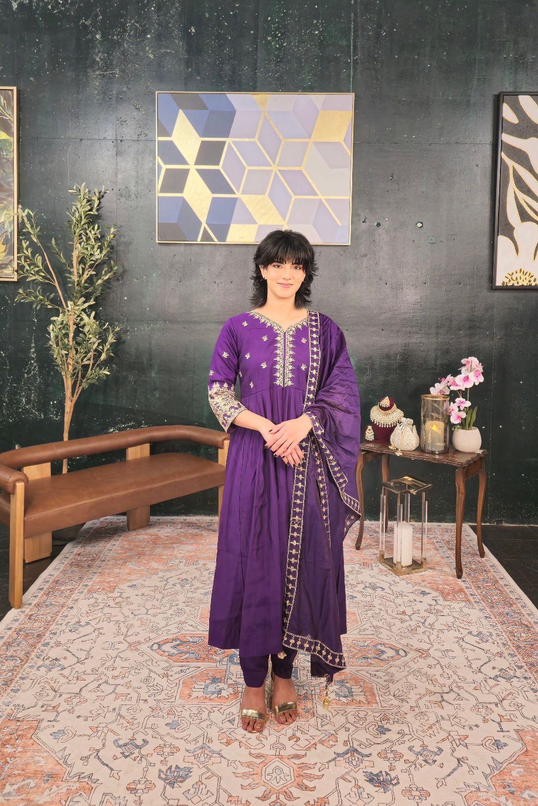 Purple Linen A-line Salwar Kameez