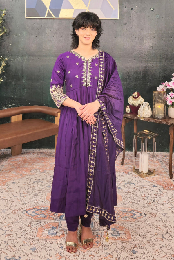 Purple Linen A-line Salwar Kameez