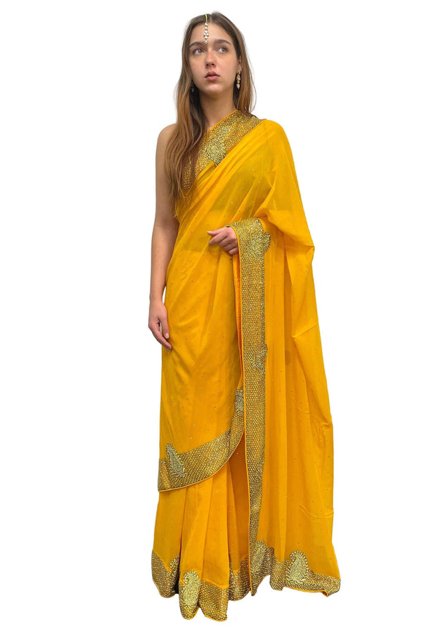Yellow and Gold Gerogette Heavy Saree - myethnicrentals