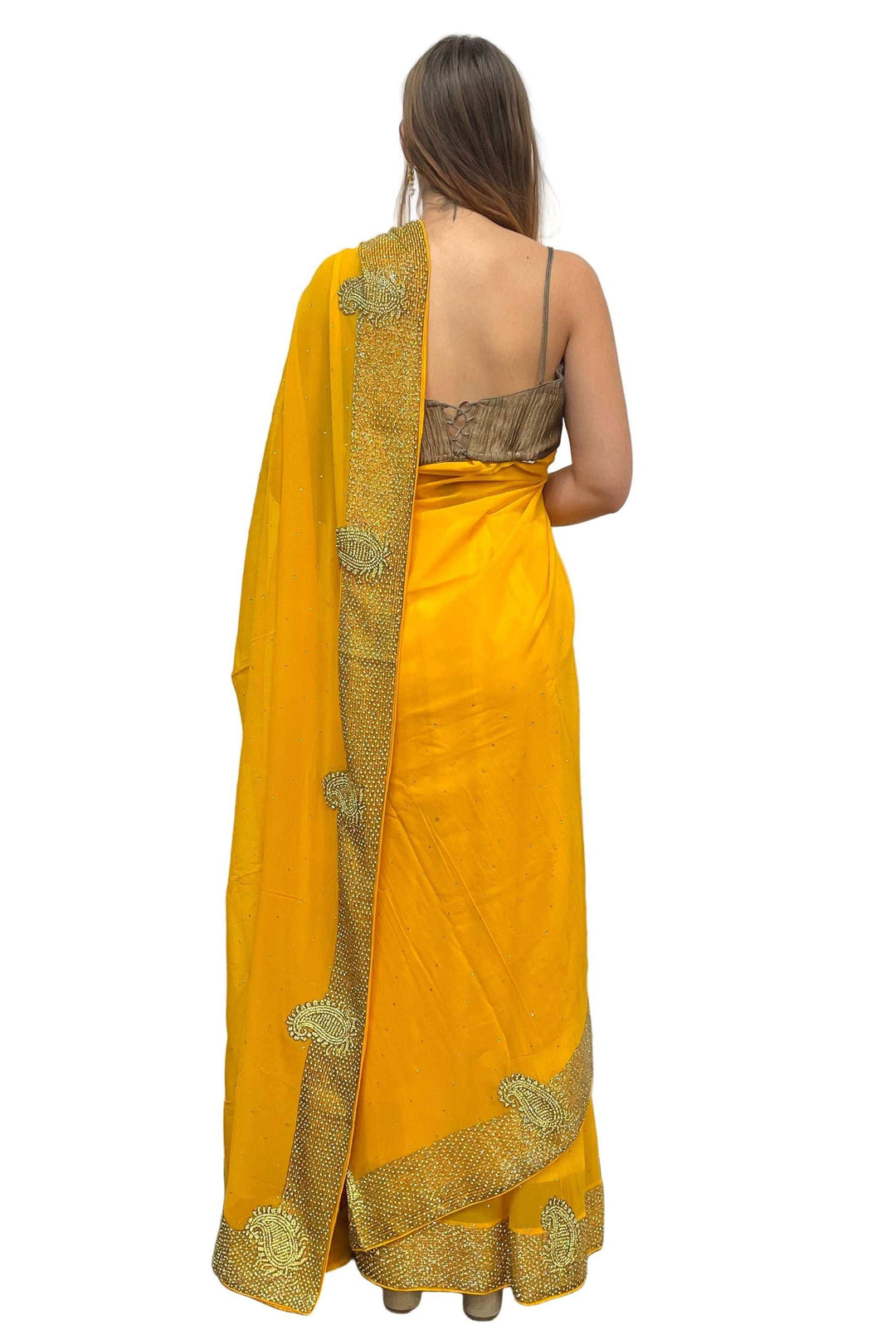 Yellow and Gold Gerogette Heavy Saree - myethnicrentals