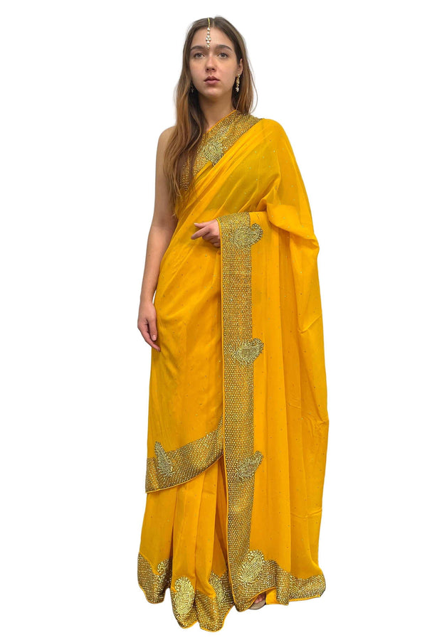 Yellow and Gold Gerogette Heavy Saree - myethnicrentals