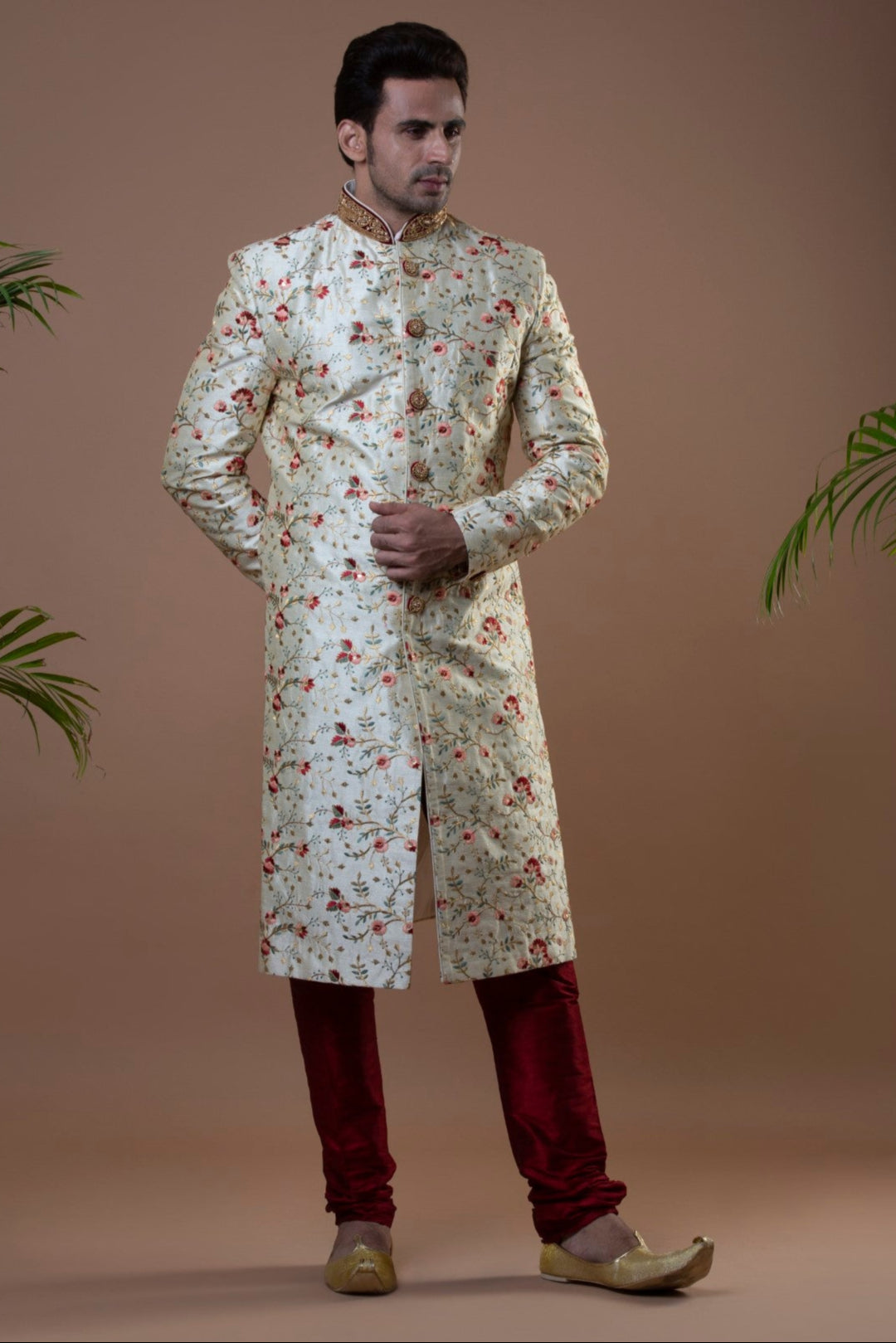 Floral Off-White & Maroon Sherwani (size 40)