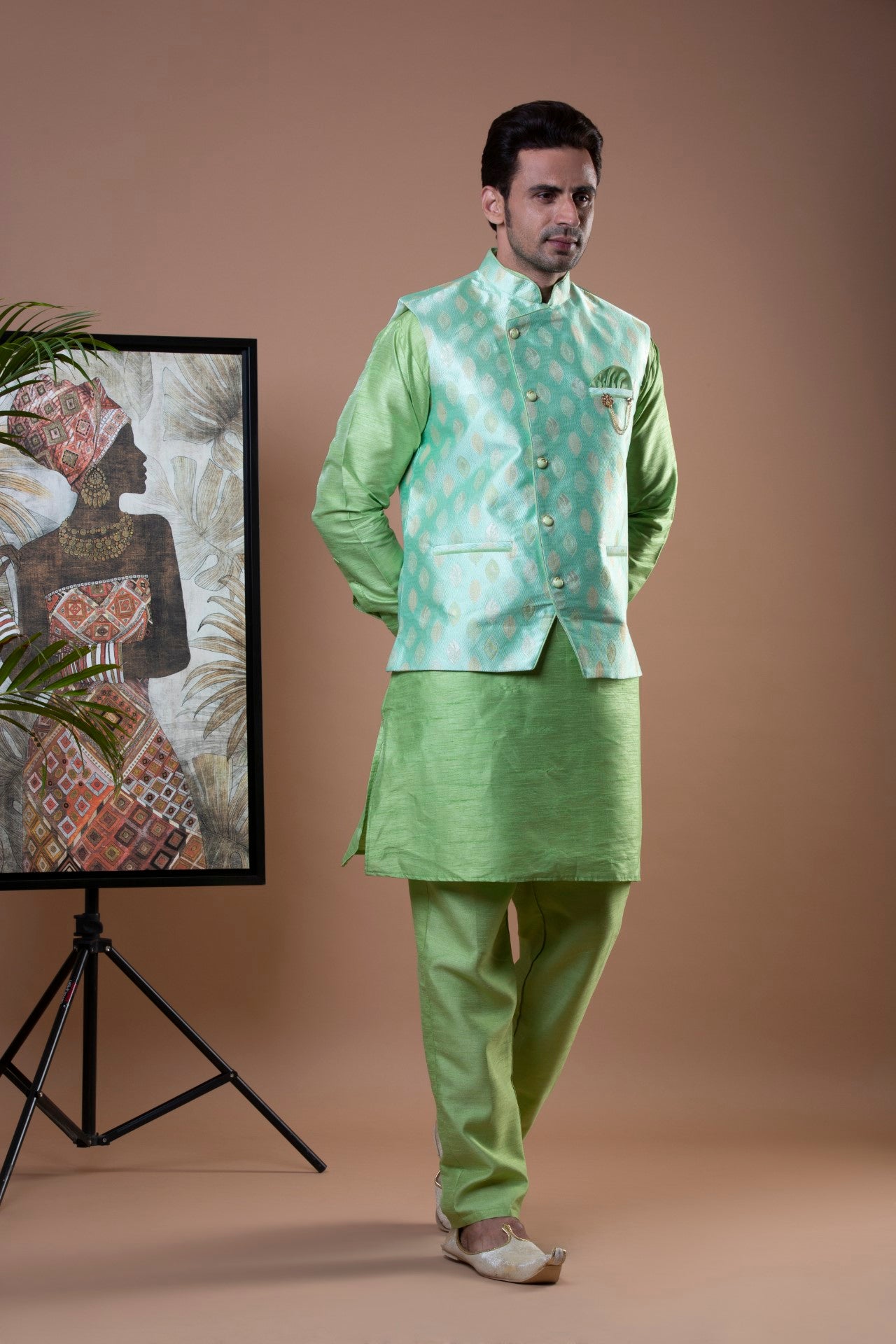 Photo of Mint green kurtas with printed nehru jackets