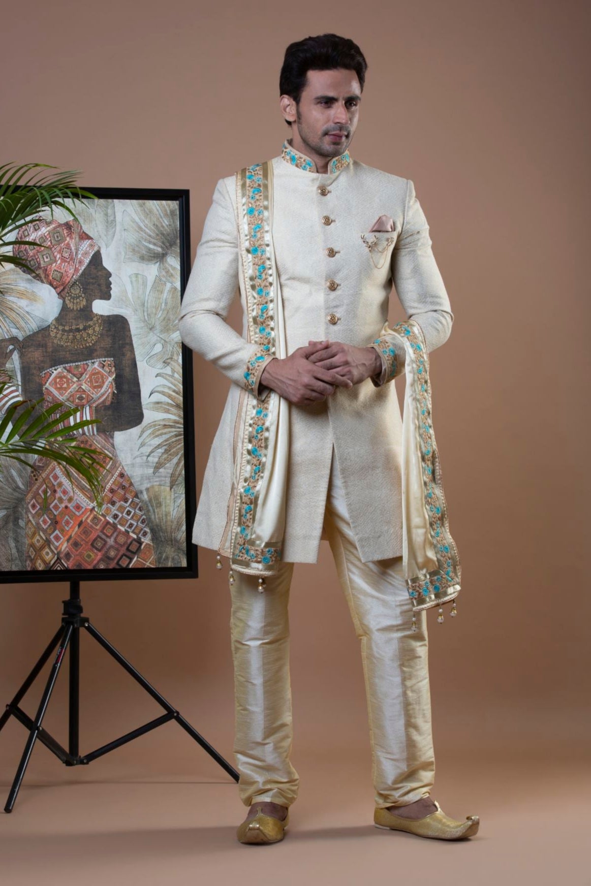 Royal Off-White Indo-Western Set with Stole